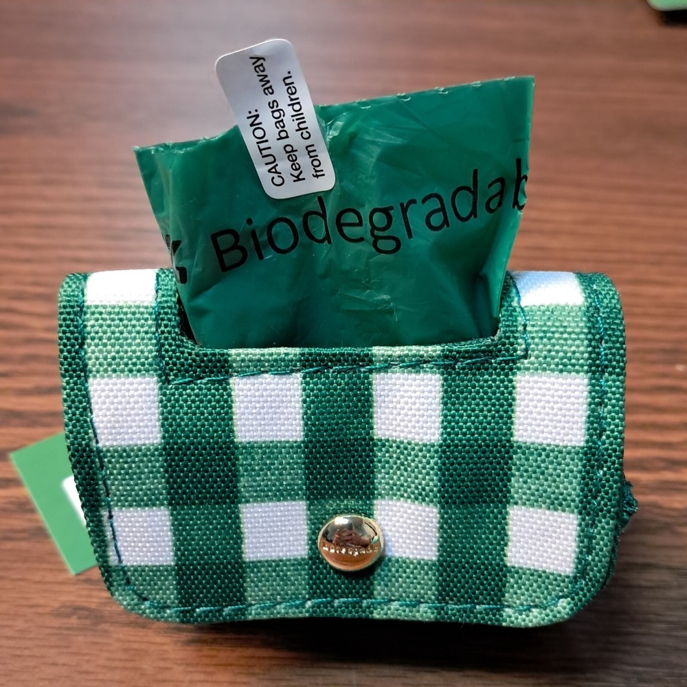 Kate Spade Dog Bag Holder, Green and White, snap close, 4" x 3" x 2"